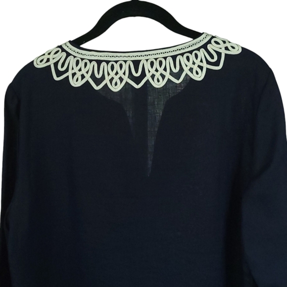 TALBOTS Small Linen Embroidered Nautical Coastal Preppy Tunic Top Navy & White - Picture 4 of 12